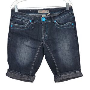Rebel 25 Womens Cuffed Bermuda Jean Shorts Size 15 Jrs Blue Metallic Low Rise